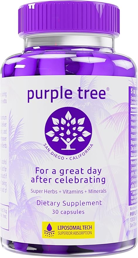 purple tree Post-Celebration Wellness Supplement for Liver Support & Hydration | Liposomal Dihydromyricetin (DHM), L-Glutathione, Milk Thistle, B Vitamins, Minerals, Willow Bark | 30 Pills