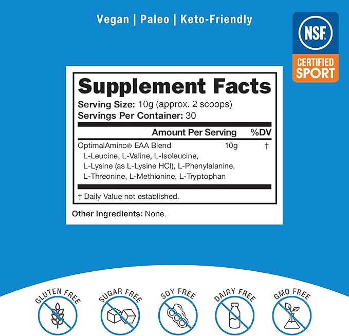 OptimalAmino Amino Acid Powder | 99% Utilized Essential Amino Acid (EAA) Supplement | Pre/Post Workout & Muscle Recovery | NSF for Sport Certified | Unflavored, Do It Yourself (DIY)