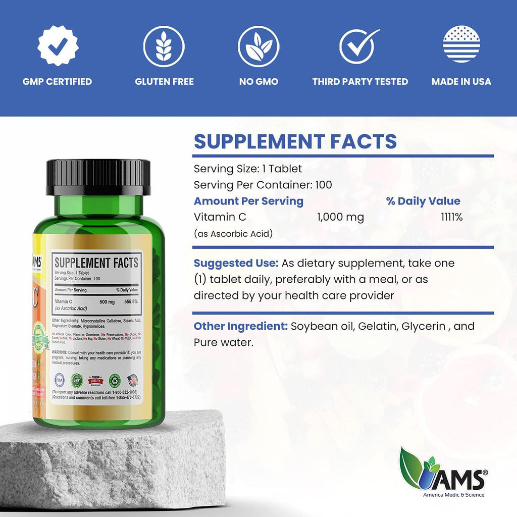 America Medic & Science Rapid-C 500mg Vitamin C Supplement (1 Pack of 100 Tablets) Energy Booster, Daily Immune System Support, Antioxidant | Vegan, Non-GMO Coated Ascorbic Acid for Adult Men & Women