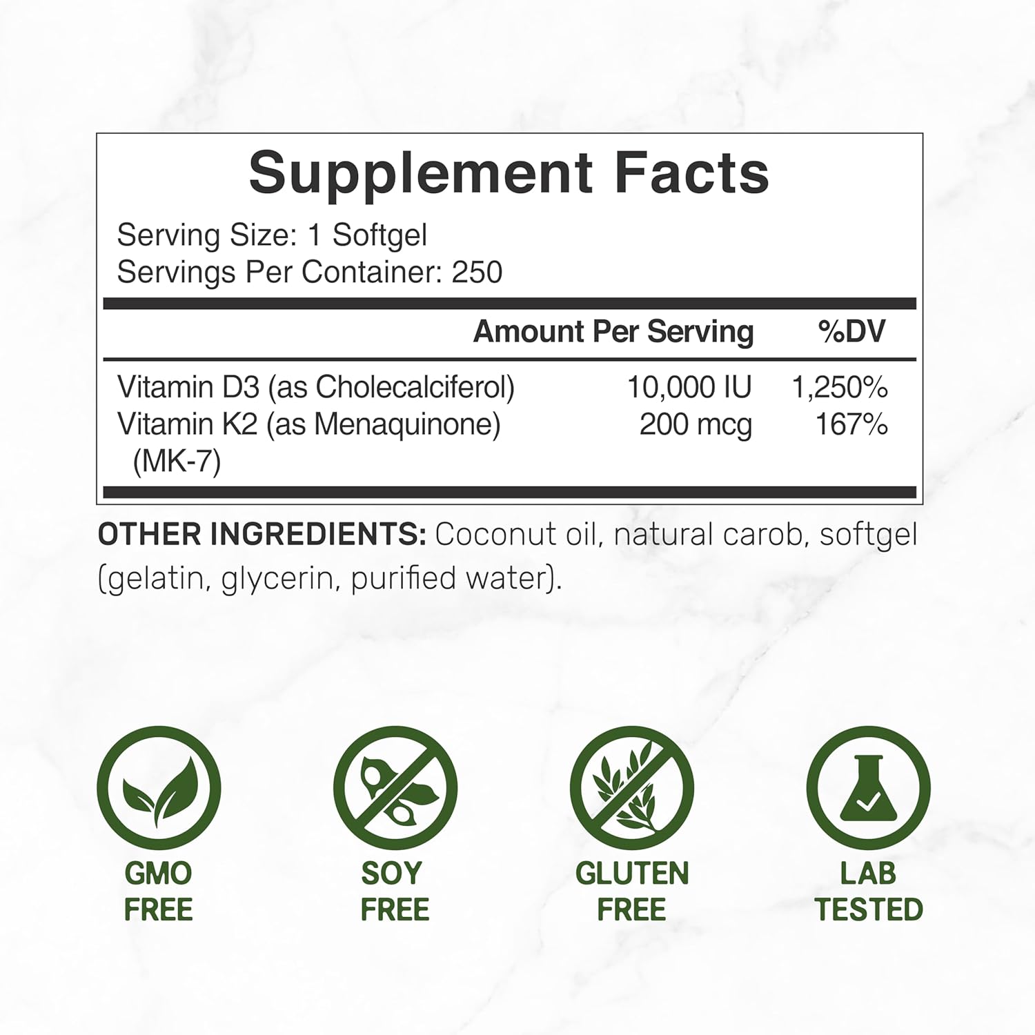 DEAL SUPPLEMENT Vitamin D3 10,000 IU + K2 MK7 200mcg Softgels, 250 Count | 2-in-1 Complex with Virgin Coconut Oil | Supports Heart, Bone, Teeth & Immune Health | Easy to Swallow