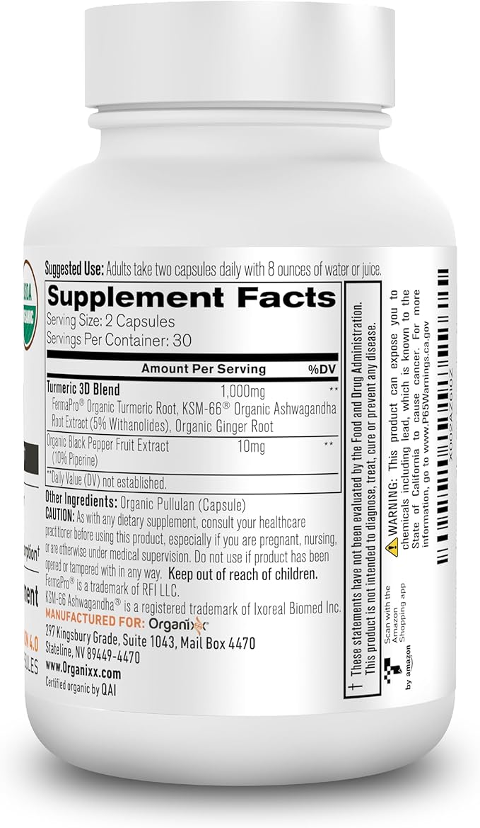 Organixx USDA Organic Turmeric Curcumin Supplement with Ashwagandha, Vitamin D, Turmeric & Ginger – Fermented for Maximum Bioavailability, 60 Count + 30 Count