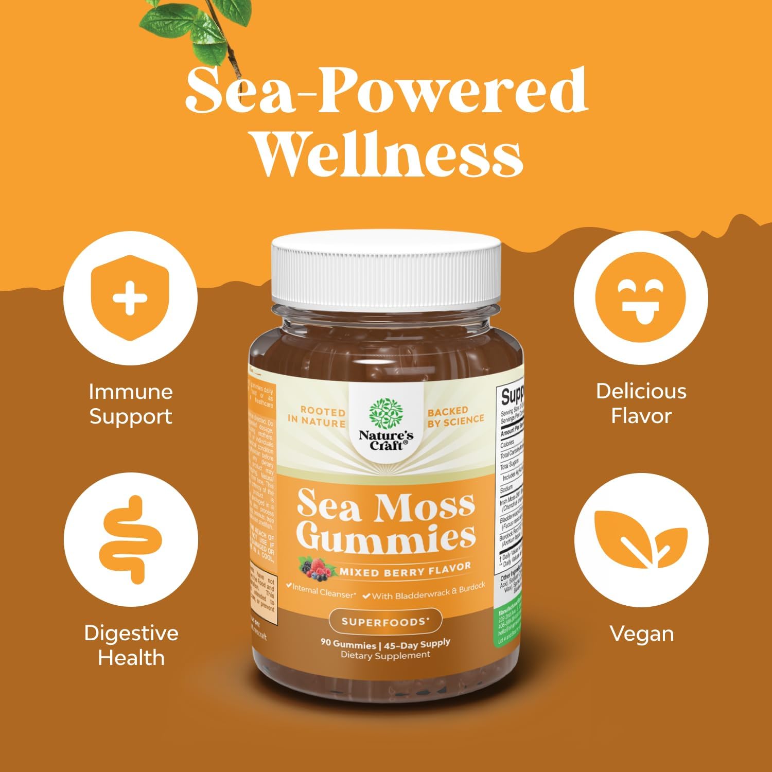 Natures Craft Irish Sea Moss Gummies for Women, Men & Kids - Immune Support Supplement with Irish Sea Moss, Bladderwrack & Burdock Root - Detox Gummies for Body Cleanse - 90 Chewable Gums