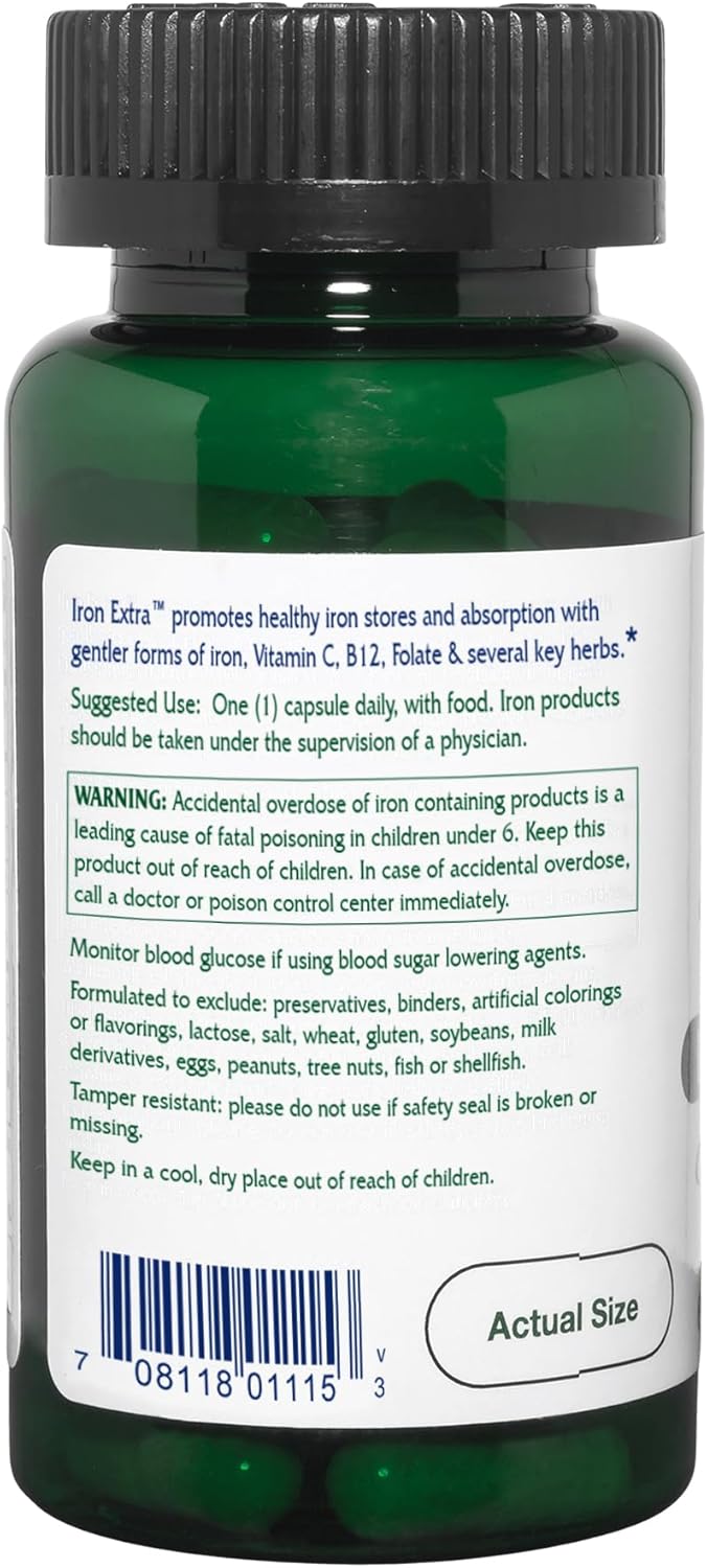 Vitanica Iron Extra, Iron Supplement Enhanced Absorption with Vitamin C 500mg, Methylfolate 400mcg, B12 Vitamin 500mcg, Calcium, Yellow Dock, Dandelion Root & Nettle Leaf Extract, Vegan, 60 Capsules