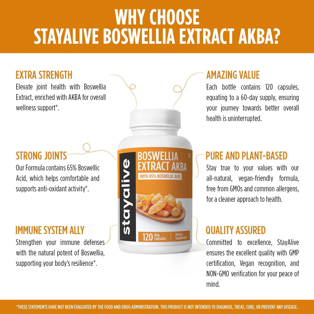 STAY ALIVE Boswellia Serrata Extract Capsules 1000mg with AKBA and 65% Boswellic Acid, 12:1 Resin Extract Powder, 120 Count for 2-Month Supply, Non-GMO and Gluten-Free Boswellia Supplement