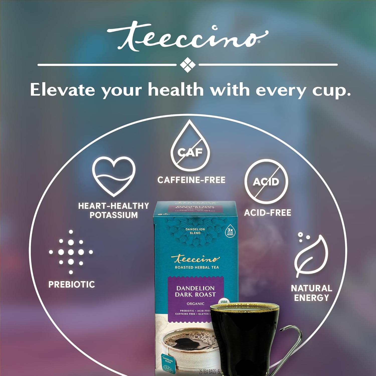 Teeccino Dandelion Herbal Tea - Dark Roast - 25 Tea Bags - Caffeine Free, Prebiotic, Gluten Free, 3x More Herbs