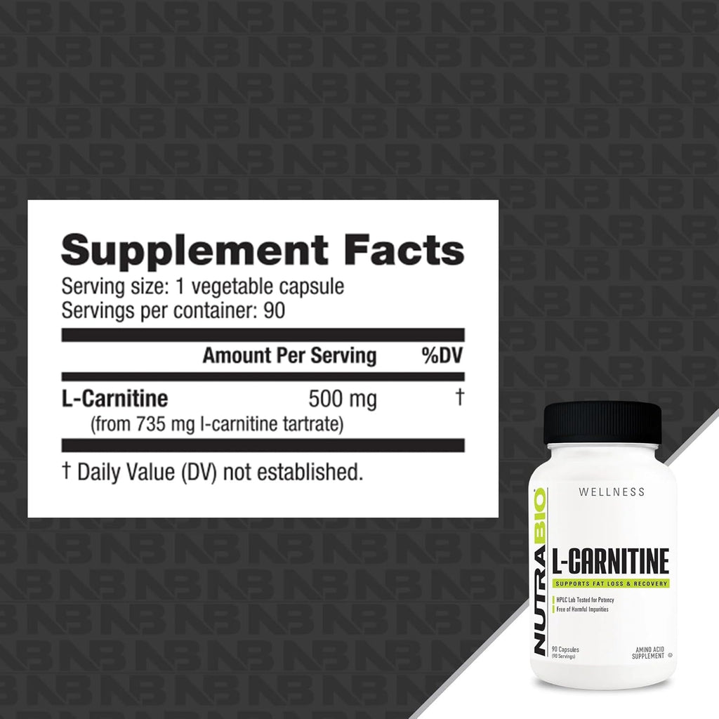 NutraBio L-Carnitine Capsules – Fat Burner for Energy, Endurance & Recovery – Boost Fat Metabolism, Support Weight Loss & Workout Performance – Amino Acid Supplement- 500mg, 90 Capsules