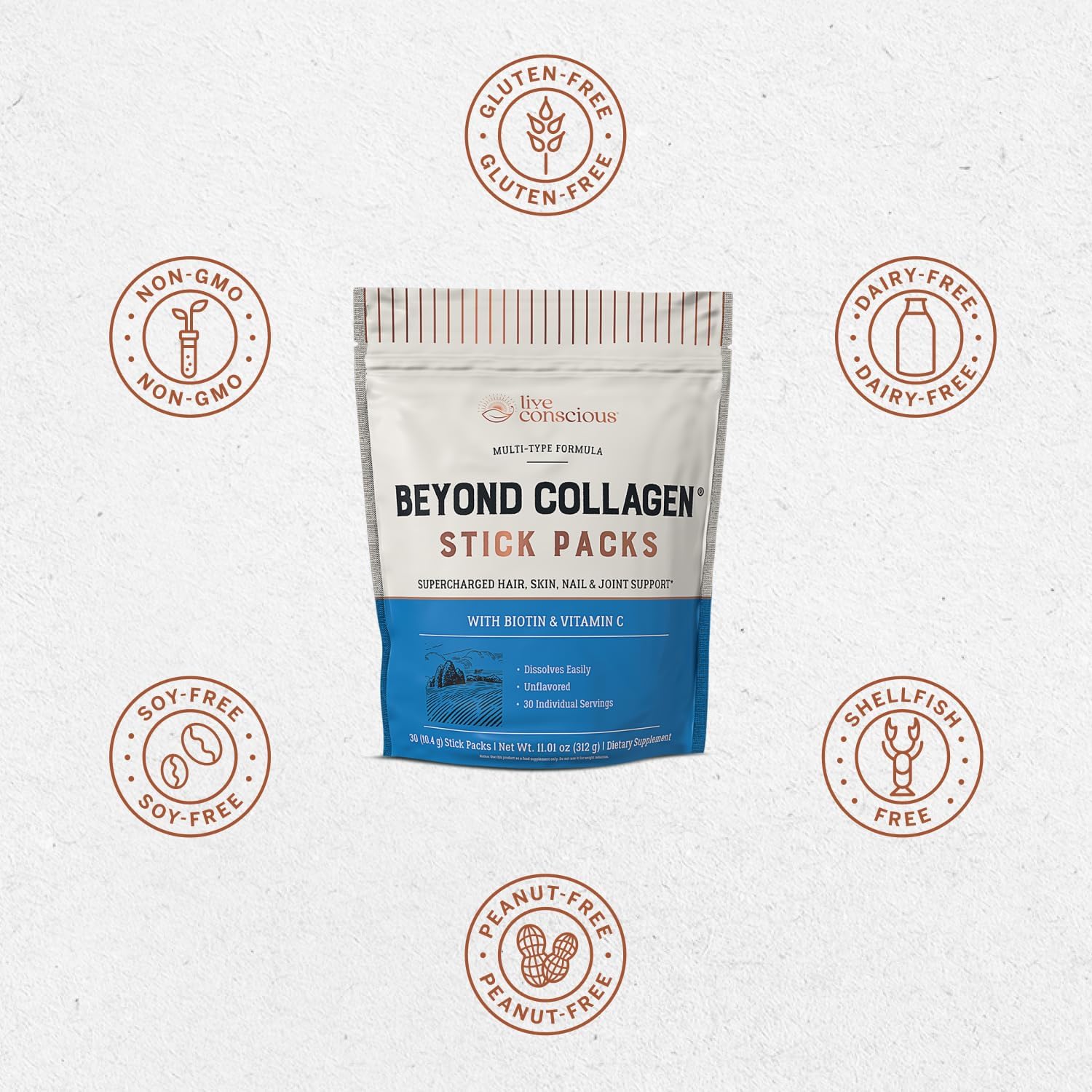 Live Conscious Beyond Collagen Peptides Powder Unflavored Packets - Hydrolyzed Collagen Powder - Hair Skin Nail & Joint Support - Multi Type Collagen Supplements for Women & Men