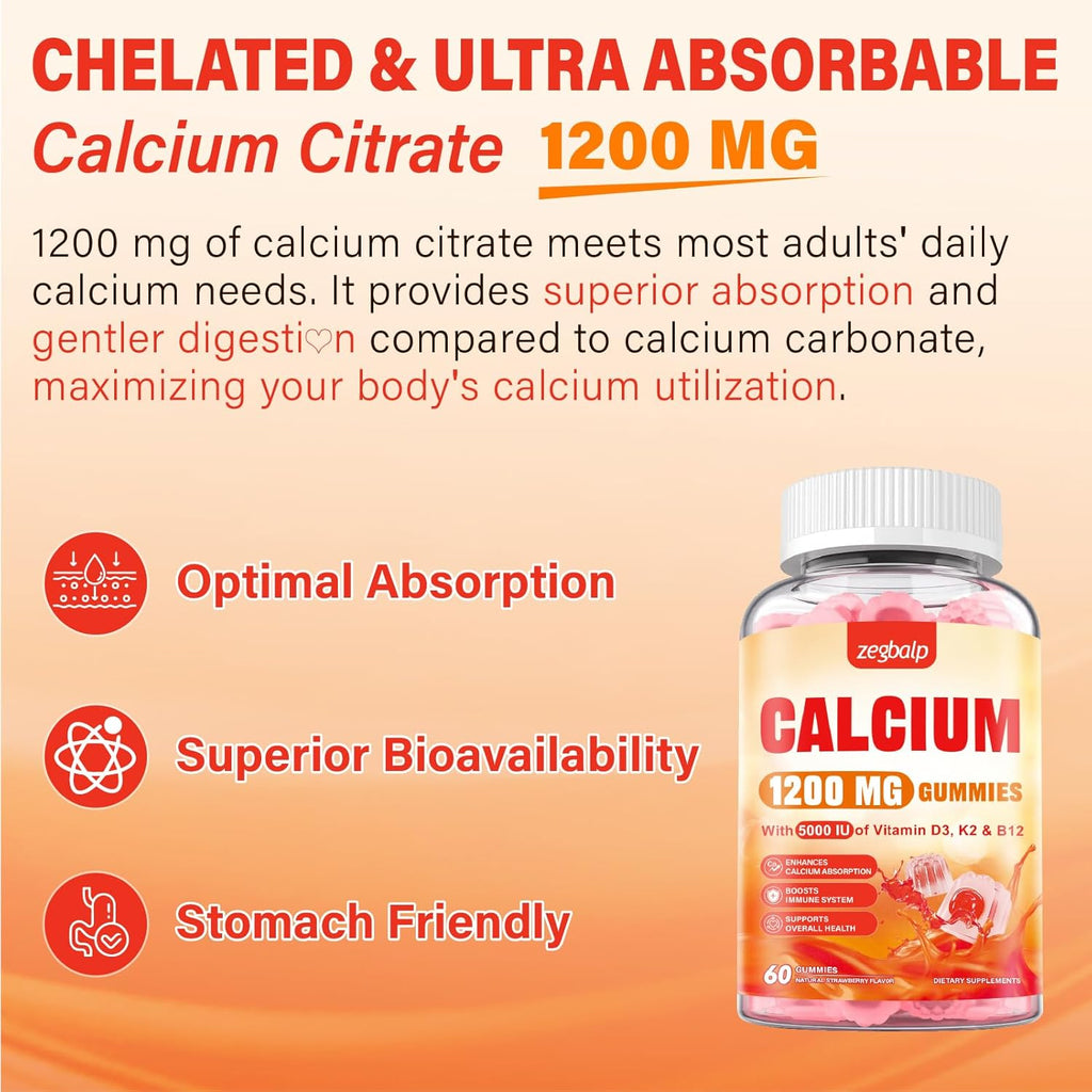 Calcium 1200 mg with Vitamin D3 Supplement for Adults - Calcium Gummies with Vitamin D3 5000IU, K2, B12 for Women Men - Extra Absorption Calcium Citrate - Natural Strawberry Flavor, 120 Gummies