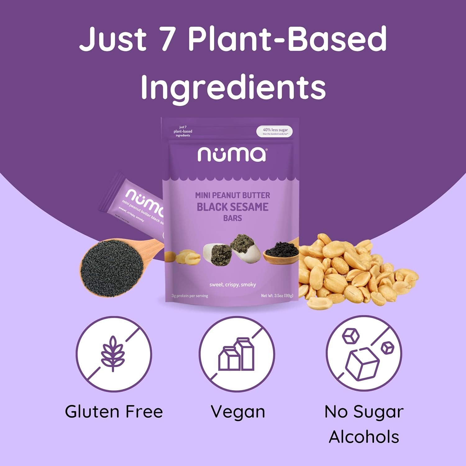 Mini Peanut Butter Black Sesame Bars – Vegan, Low Sugar, High Protein, Low Calorie, All Natural, Gluten Free – Crunchy Plant Based Snack – 3 Bags with 8 Individually Wrapped Pieces