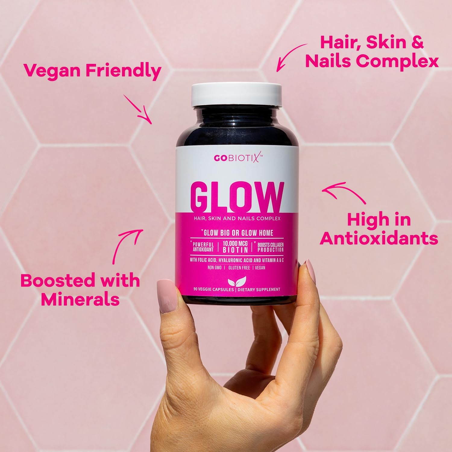 GOBIOTIX Hair Skin and Nails Vitamin Supplement - 10000mcg Biotin Pills with Hyaluronic Acid, Folate, Iron, Magnesium, and Zinc - Collagen Production, Hair Growth - 30 Servings