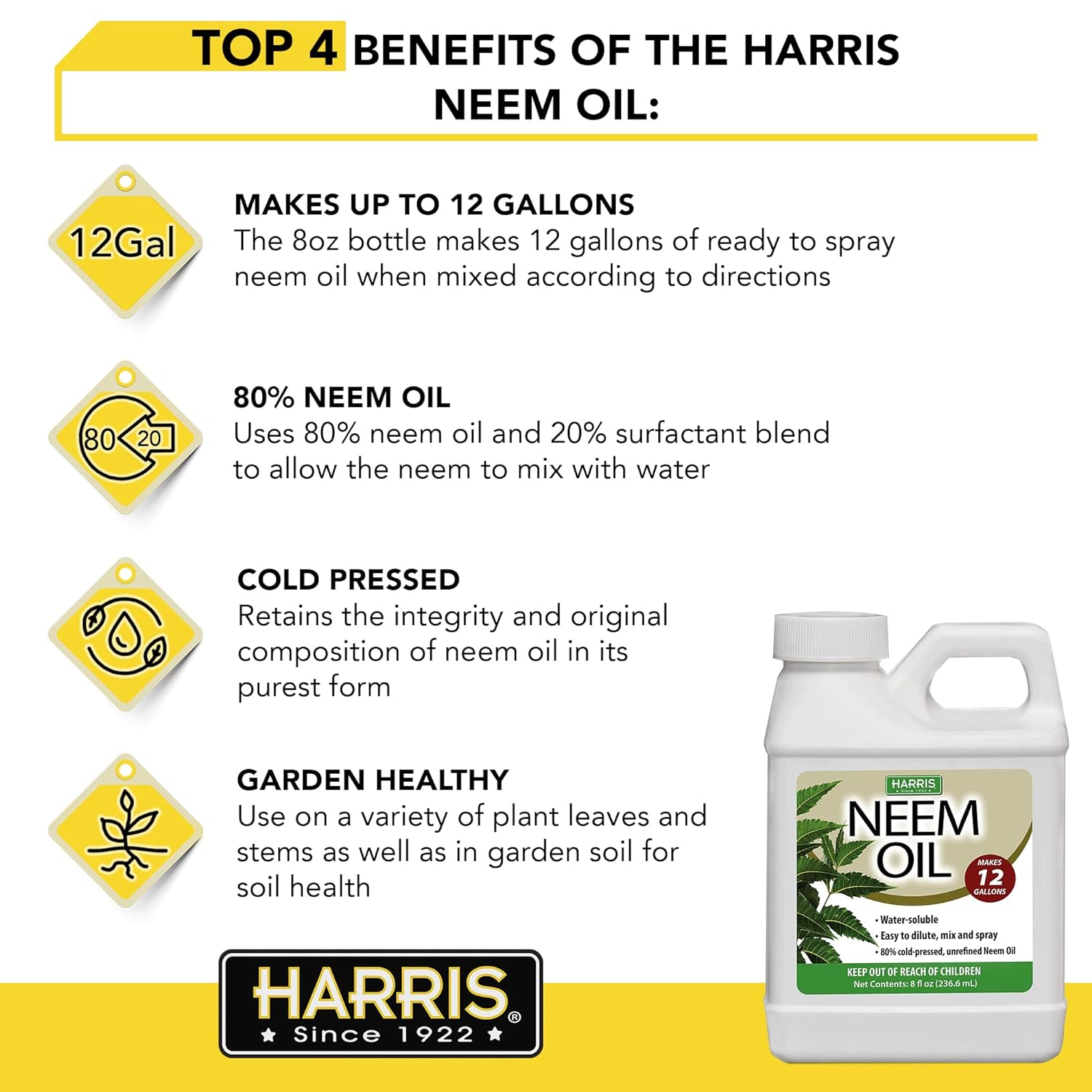 HARRIS Neem Oil Cold Pressed Water Soluble Concentrate, Makes 12 Gallons