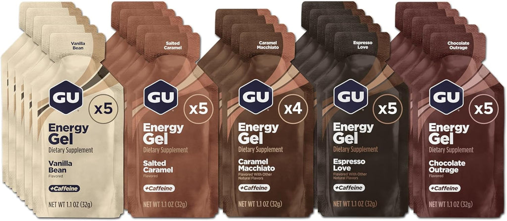 GU Energy Original Sports Nutrition Energy Gel, Vegan, Gluten-Free, Kosher, and Dairy-Free On-the-Go Energy for Any Workout, 24-Count, Assorted Indulgent Flavors