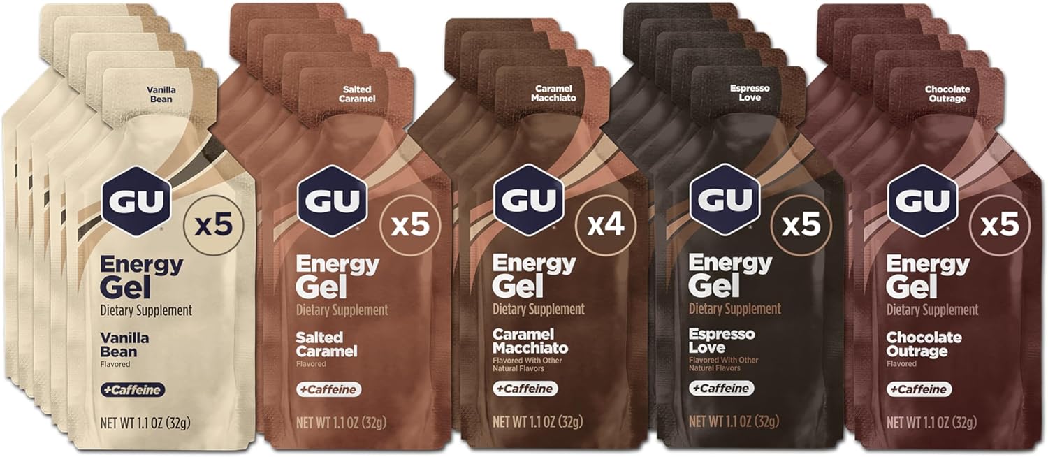 GU Energy Original Sports Nutrition Energy Gel, Vegan, Gluten-Free, Kosher, and Dairy-Free On-the-Go Energy for Any Workout, 24-Count, Assorted Indulgent Flavors