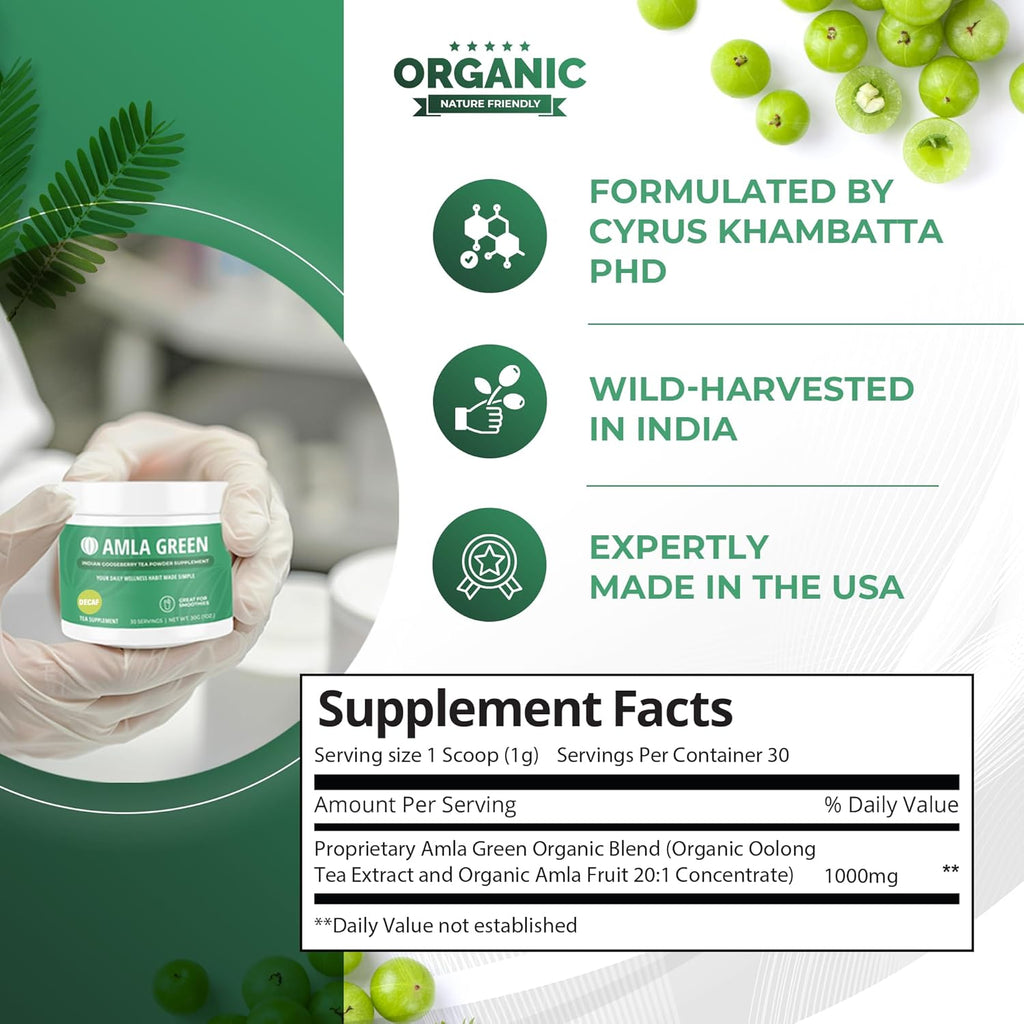 Amla Powder & Decaf Green Tea Superfood Supplement, 20x Ultra Concentrated Amla, Oolong Tea and Indian Gooseberries, Organic, Vegan, 90 Servings