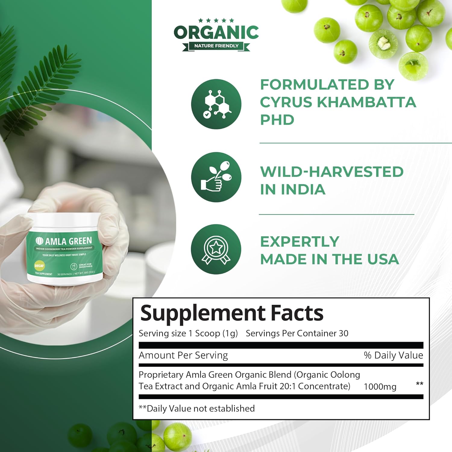 Amla Powder & Decaf Green Tea Superfood Supplement, 20x Ultra Concentrated Amla, Antioxidant Support, Made with Oolong Tea and Indian Gooseberries, Organic, Vegan, Decaf, 30 Servings