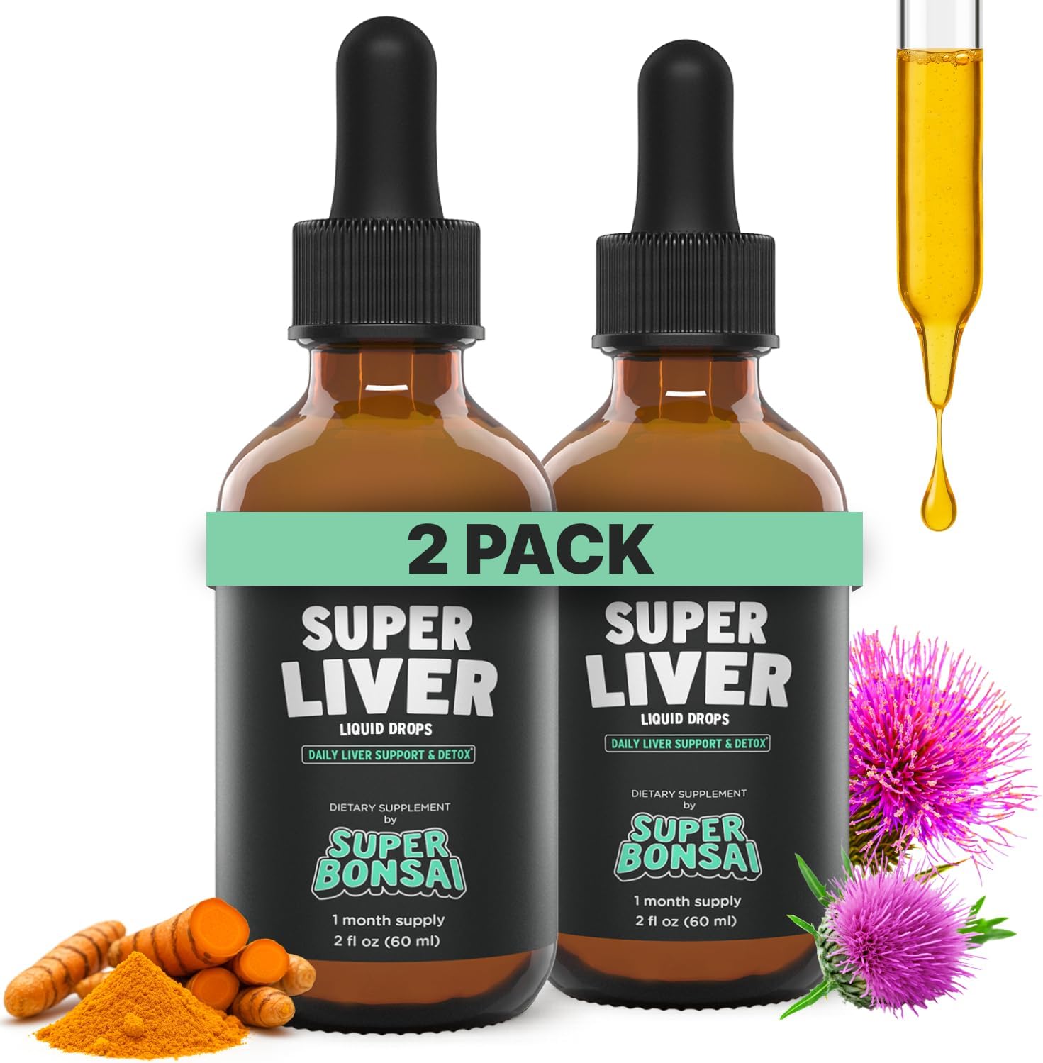 SUPERBONSAI Super Liver Support with Milk Thistle - All Natural Liver Cleanse Detox & Repair Aid - Doctor-Formulated Liver Supplement - Liquid Herbal Formula for Liver Health - 2 Month Supply (2 Pack)
