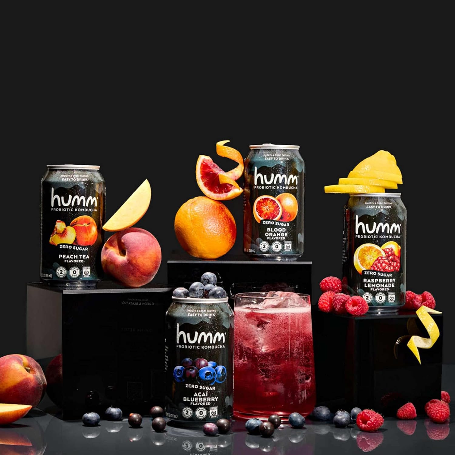 Humm Probiotic Kombucha Zero Sugar Blood Orange, No Refrigeration Needed, Keto Friendly, Organic, Vegan, Gluten Free, 12oz Cans (16 Pack)