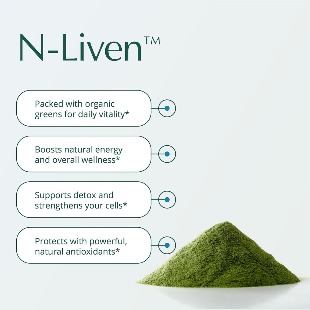 Natura Health Products N-liven Supplement - Organic Superfood Greens Powder Drink - Including Spirulina & Chlorophyll - Premier Blend of Barley Grass, Kale, Spinach, Goji Berry, Raspberry (180 Grams)