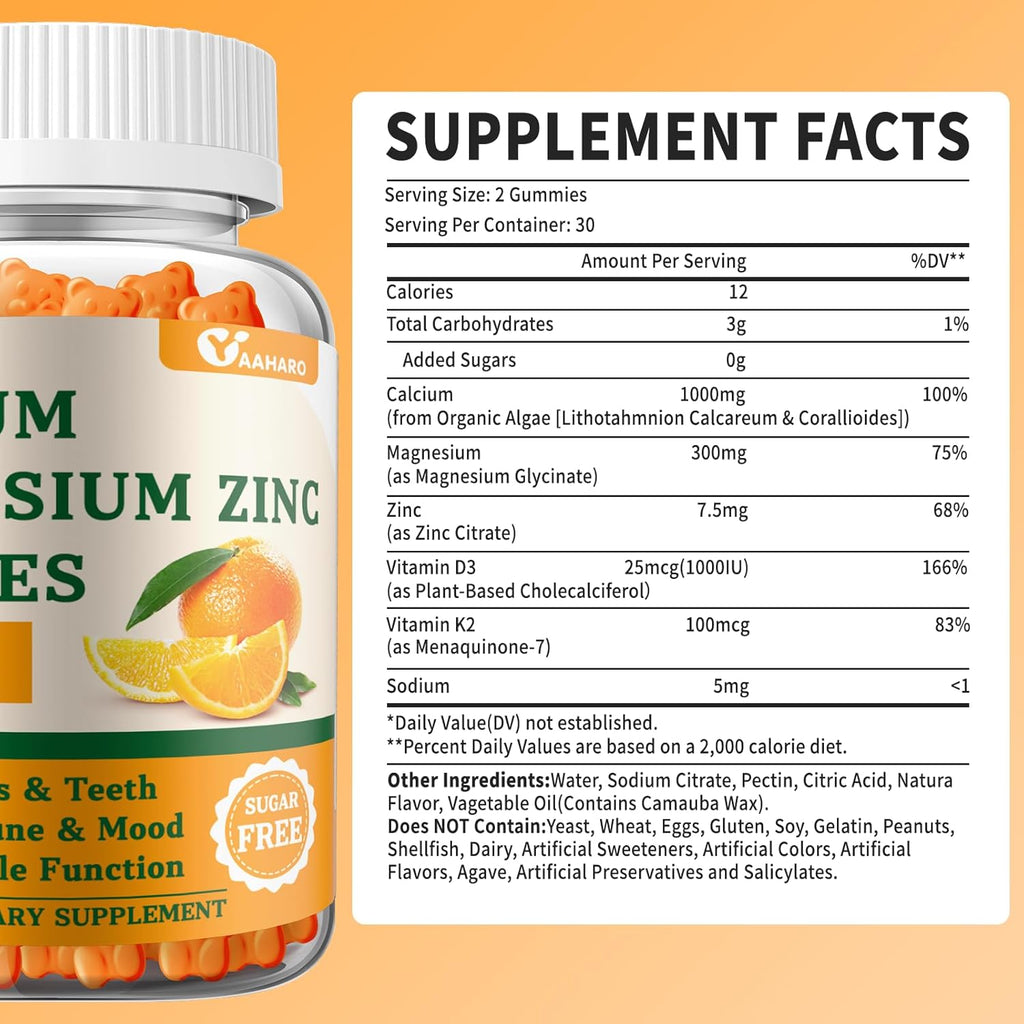 Calcium Magnesium Zinc Gummies with Vitamin D3 & K2 - Sugar Free Calcium Gummies for Women and Men - Bone & Immune Support - Non-GMO, Gluten-Free, Orange Flavored - 60 Gummies