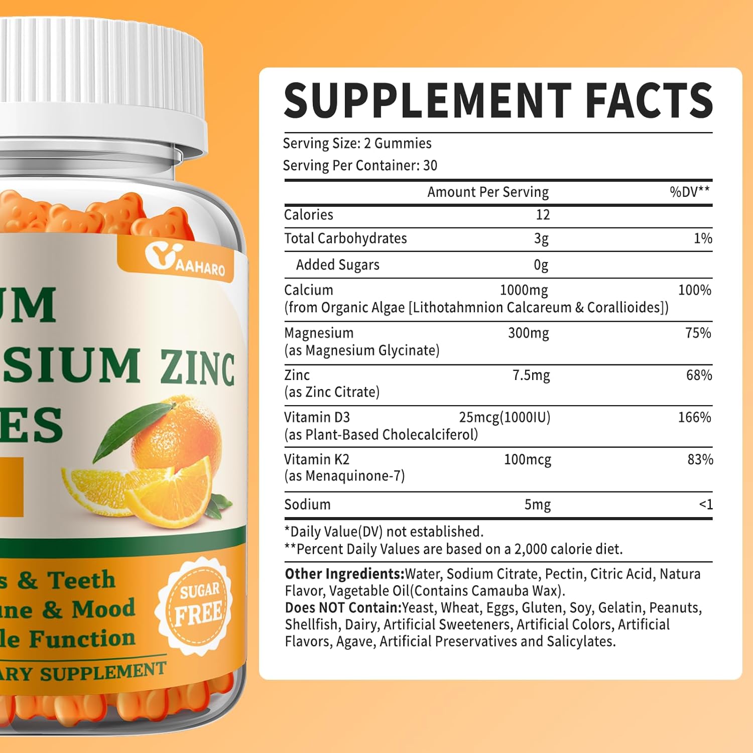 Calcium Magnesium Zinc Gummies with Vitamin D3 & K2 - Sugar Free Calcium Gummies for Women and Men - Bone & Immune Support - Non-GMO, Gluten-Free, Orange Flavored - 60 Gummies