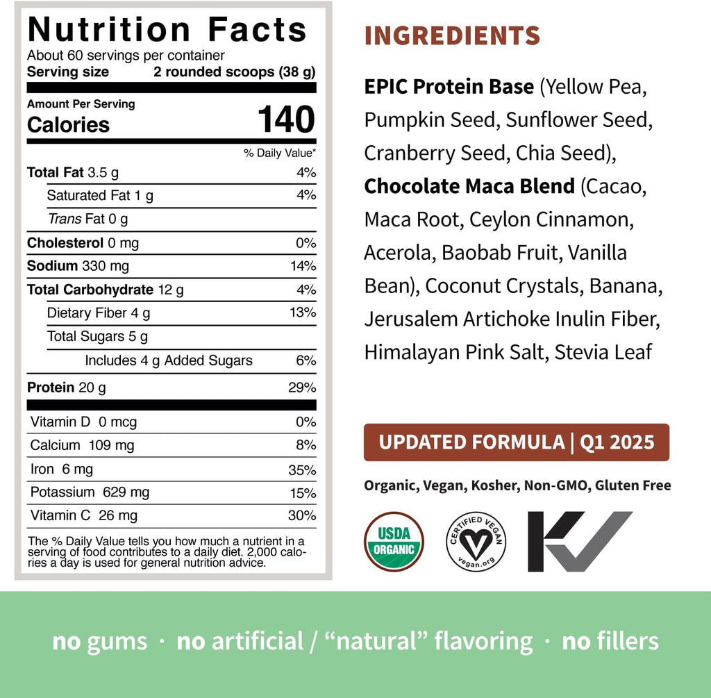 Sprout Living Epic Protein, Plant Based Protein & Superfoods Powder, Chocolate Maca Powder | 20 Grams Organic Protein Powder, Vegan, Non Dairy, Non-GMO, Gluten Free, Low Sugar (5 Pound, 60 Servings)