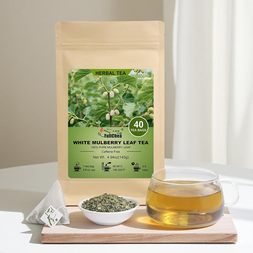 FullChea - White Mulberry Leaf Tea, 40 Teabags – 100% Pure Dried Mulberry Tea – Slightly Sweet & Refreshing - Non-GMO - Caffeine-Free - Support Wellness & Improve Digestion