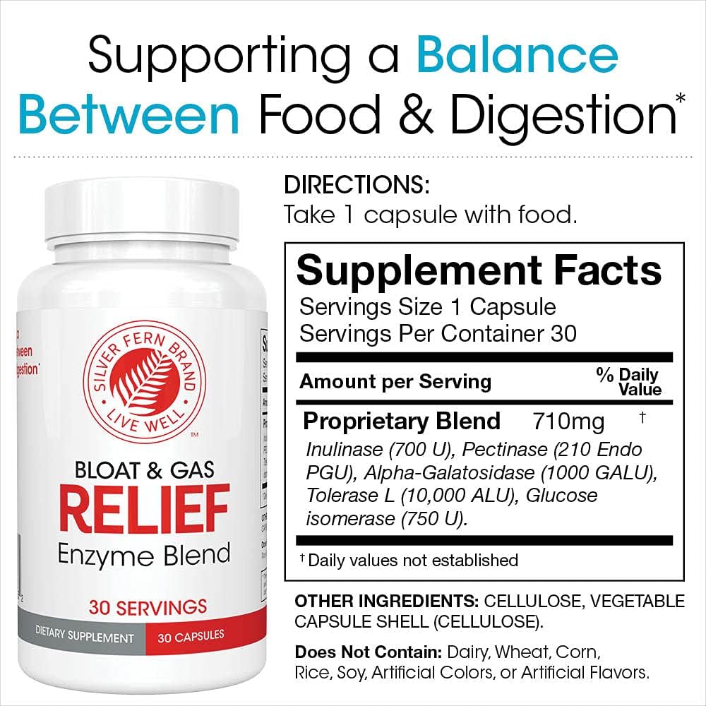 Silver Fern Bloat & Gas Relief Digestive Enzyme Blend - 1 Bottle = 30 Servings - FODMAP & Bloating Digestion Supplement with Tolerase L, Pectinase & More (1 Bottle)