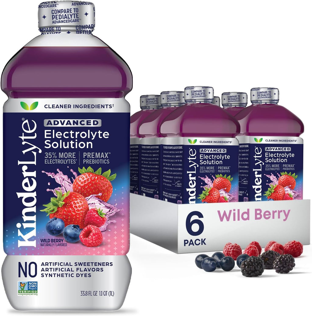 KinderLyte Advanced Electrolyte Solution for Kids and Adults - Hydration Drink (Wild Berry, 6 Count), With PreMax Prebiotics, No Artificial Sweeteners or Flavors, No Synthetic Dyes