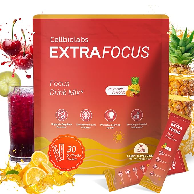 Cellbiolabs Extra Focus Drink Mix, 30 On-The-Go Stick Packs, Featuring Alpha-GPC, Lion's Mane & Rhodiola, Sugar-Free Clean Drink Mix