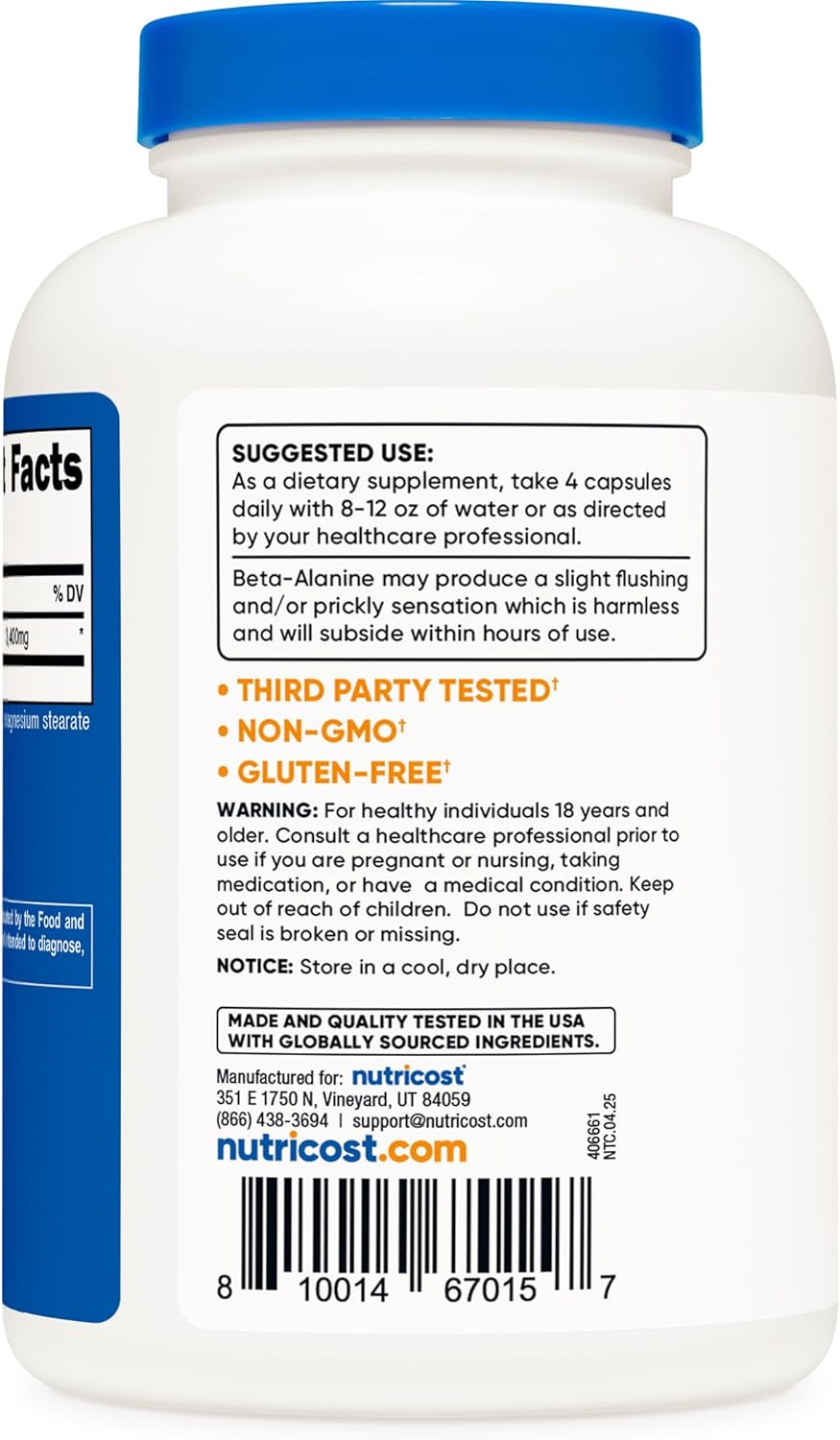 Nutricost Beta-Alanine Capsules 3400mg, 240 Capsules (60 Serv) - Potent Beta Alanine, Gluten Free & Non-GMO, 850mg Per Cap
