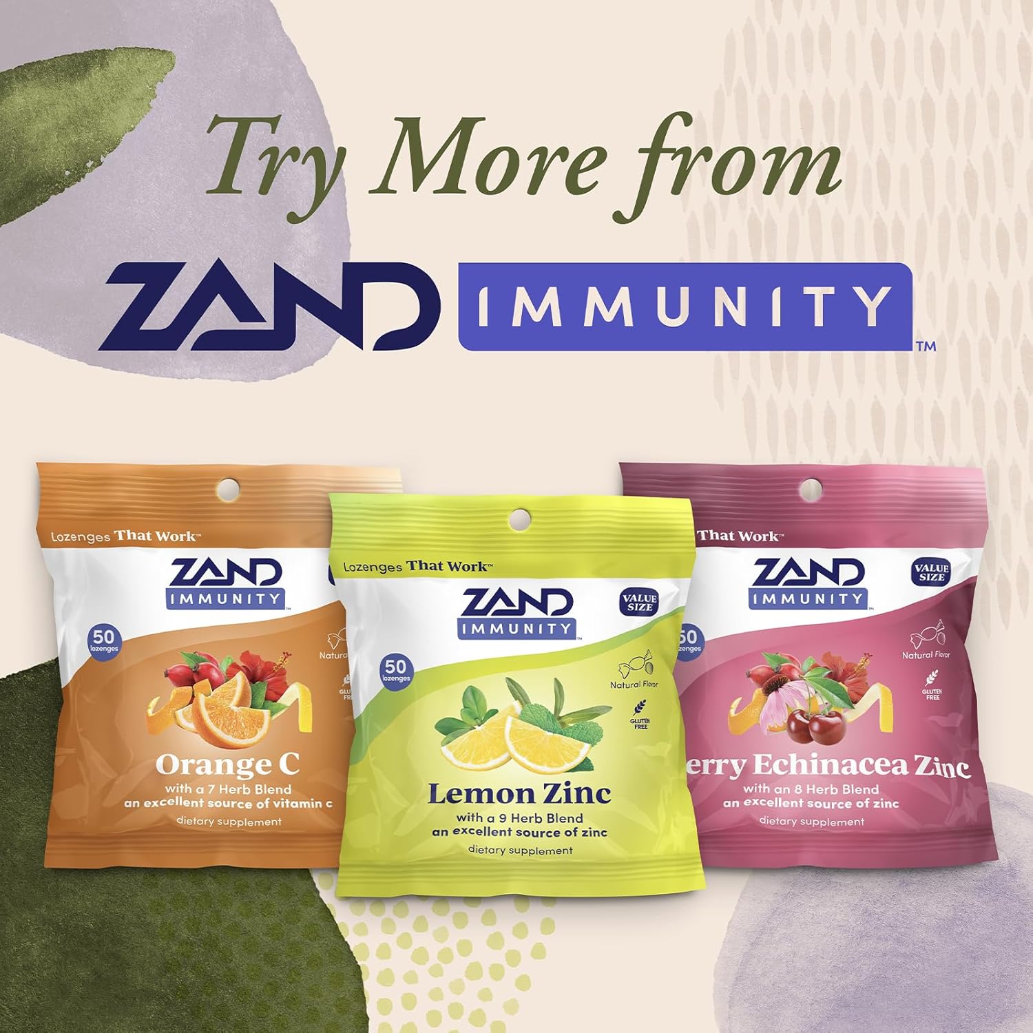 ZAND Immunity Lemon Zinc Throat Lozenges 2 Pack - Good-for-You Dry Mouth Lozenges, Immune Support Supplement w/Zinc 5mg, Eucalyptus, Mullein, Soothe a Dry Throat, Natural Flavor, Gluten Free, 50ct ea