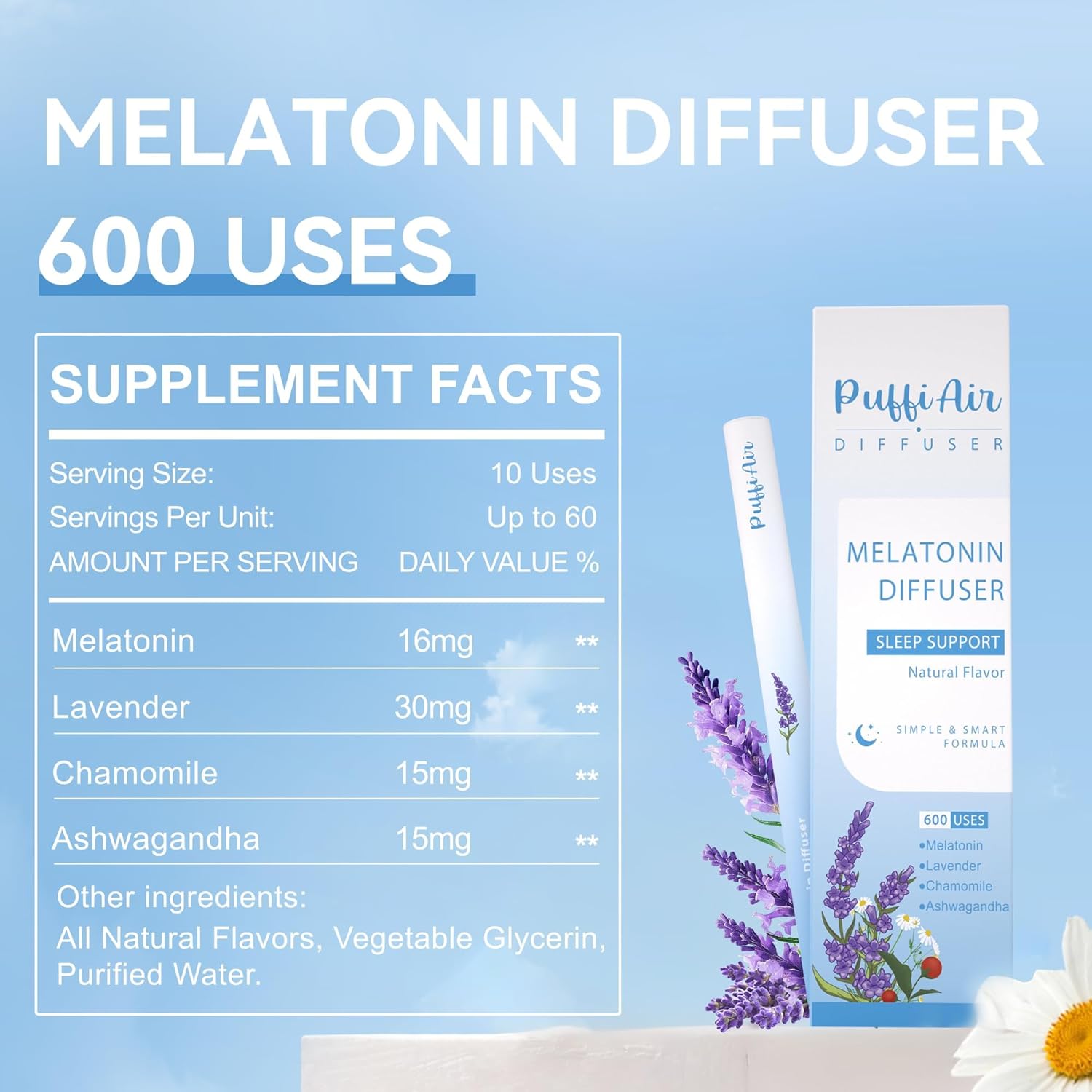 PUFFIAIR Herbal Diffuser Duo with Mullein, Melatonin & More 丨 Night & Day Relax Duo for Fresh Breath & Calm Sleep Support - 600 Uses Per Stick