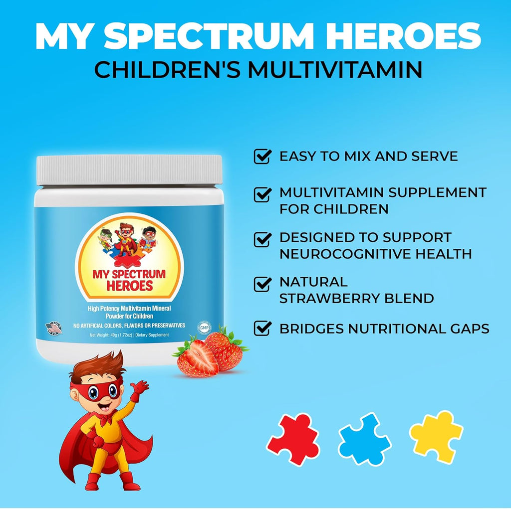 Kids Powder Multivitamin - Strawberry Powder Supplement, Better Absorption, Non-GMO, Non-Gluten, No Artificial Ingredients - Neural Help for Children on The Spectrum - 30 Servings
