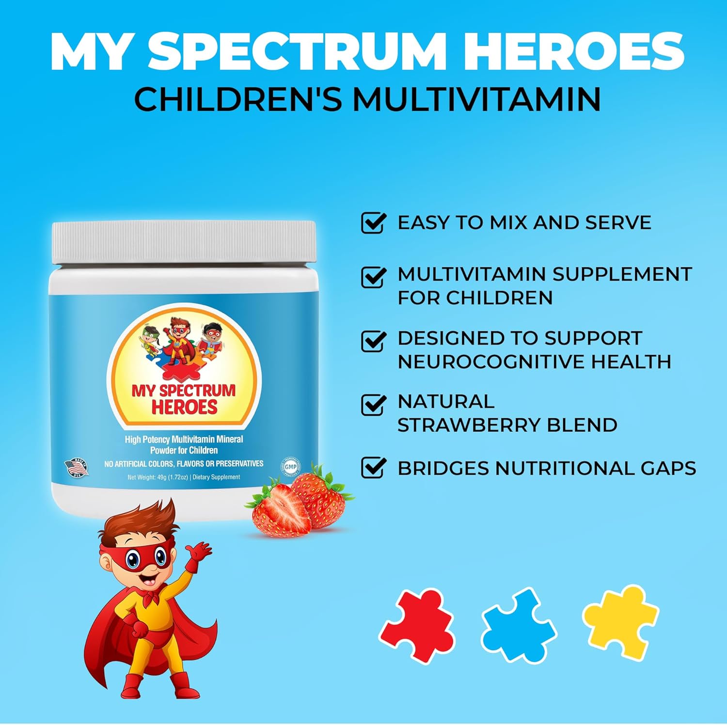 Kids Powder Multivitamin - Strawberry Powder Supplement, Better Absorption, Non-GMO, Non-Gluten, No Artificial Ingredients - Neural Help for Children on The Spectrum - 30 Servings