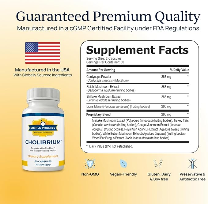 Cholibrium 9-in-1 Mushroom Complex Capsules With Lion’s Mane & Reishi - Adaptogenic Mushrooms Supplement Blend For Daily Immunity Focus, Sleep & Heart Health Support - 1,330 mg - 60 Capsules
