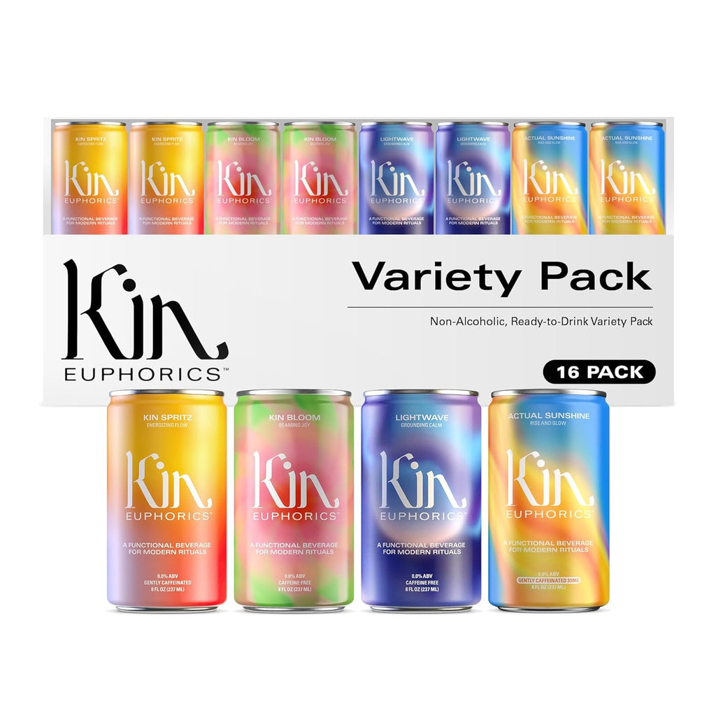 Kin Variety 16 Pack with 4 Spritz, 4 Lightwave, 4 Bloom, and 4 Actual Sunshine by Kin Euphorics, Non Alcoholic Spirits, Ready to Drink, Awaken The Mind, Calm Your Mood, and Conjure Clarity, 8 Fl Oz