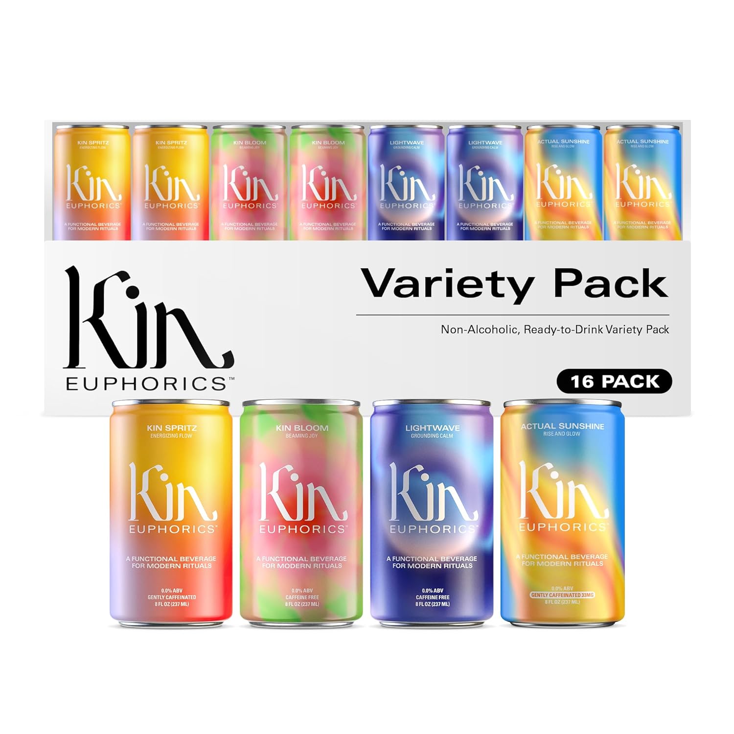 Kin Variety 16 Pack with 4 Spritz, 4 Lightwave, 4 Bloom, and 4 Actual Sunshine by Kin Euphorics, Non Alcoholic Spirits, Ready to Drink, Awaken The Mind, Calm Your Mood, and Conjure Clarity, 8 Fl Oz
