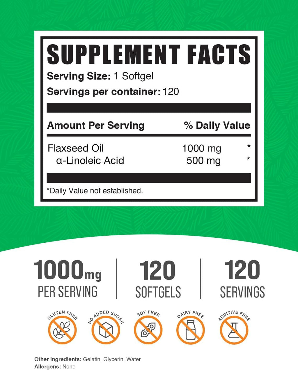 BulkSupplements.com Flaxseed Oil Softgels - Flaxseed Supplement, Flaxseed Oil 1000mg Softgels - Herbal Supplement, Gluten Free, 1 Softgel per Serving, 120 Count (Pack of 1)