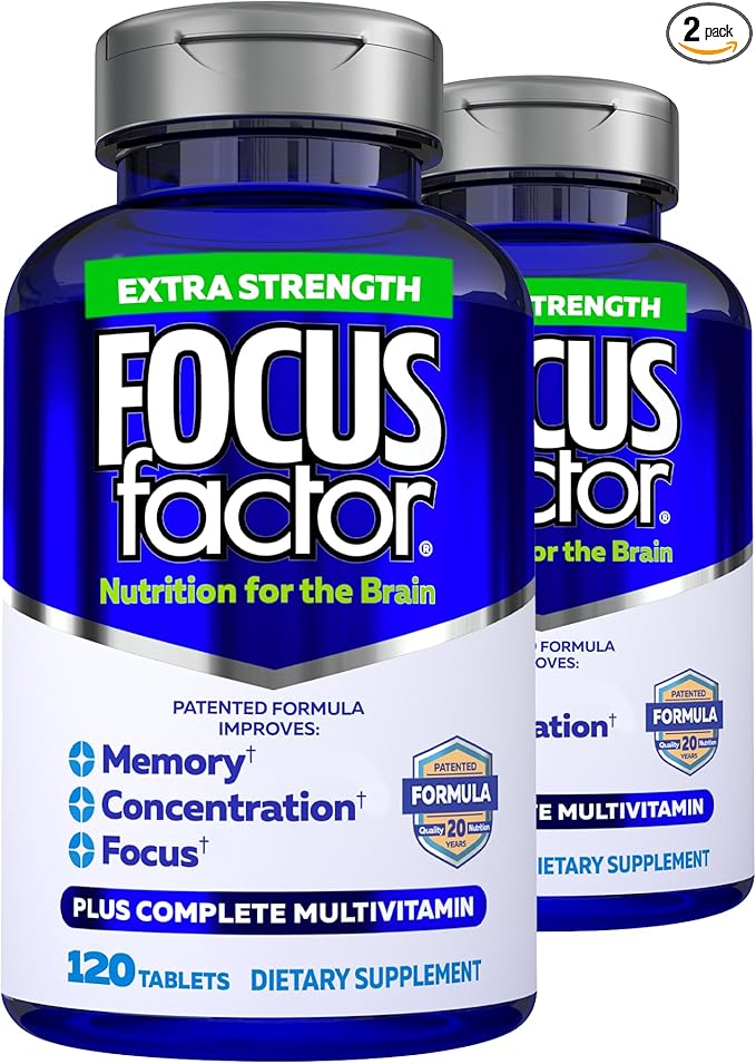 Focus Factor Adults Extra Strength, 120 Count - Brain Supplement for Memory, Concentration and Focus - Complete Multivitamin with DMAE, Vitamin D, DHA - Trusted Health Vitamins (Pack of 2)