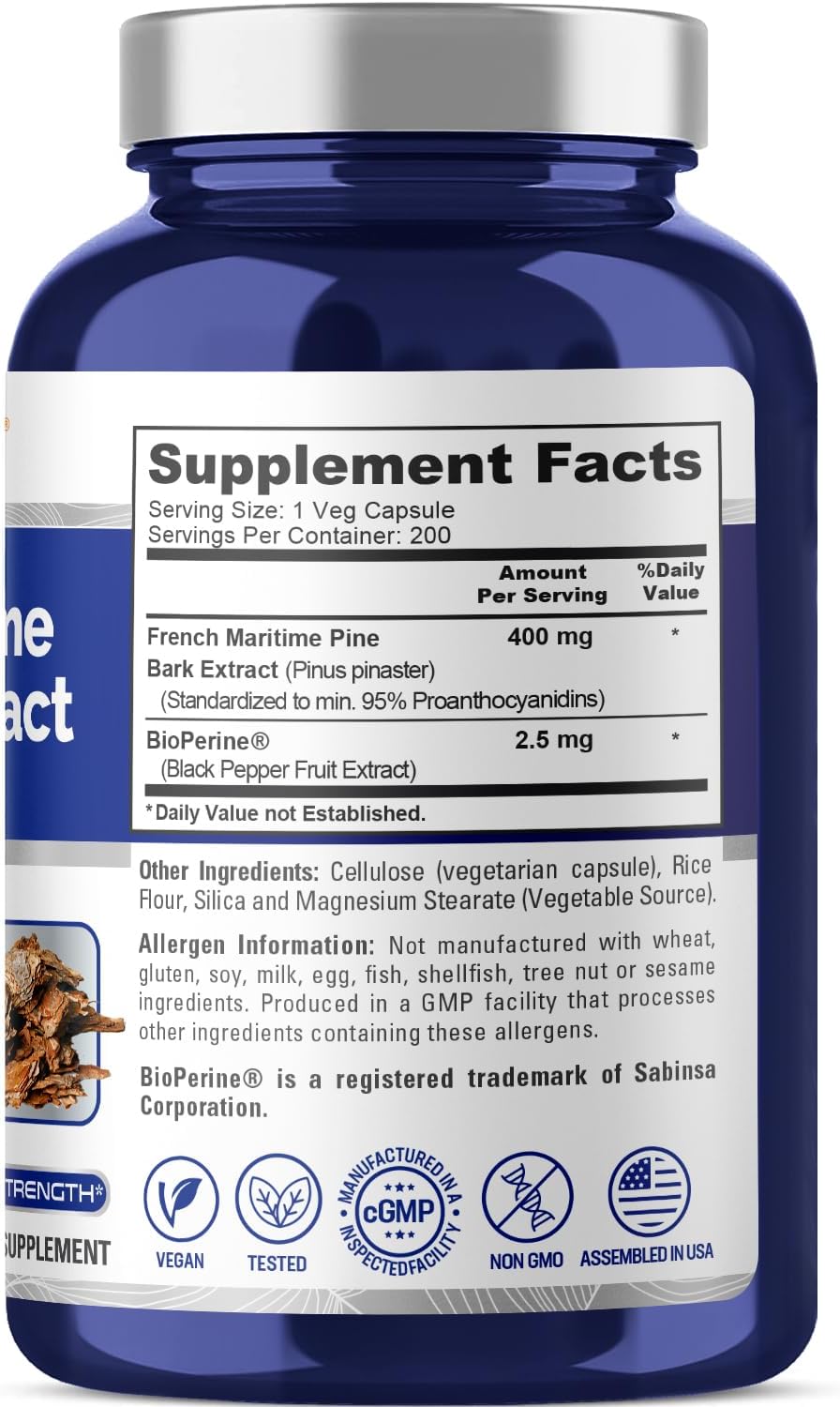 NusaPure French Maritime Pine Bark Extract 400mg per Veggie Caps 200-Day Supply Bioperine Non-GMO Vegan