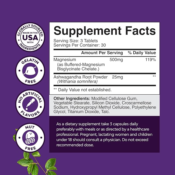 Pure Calm Relaxing Magnesium Glycinate Supplement with Ashwagandha - Magnesium for Stress Support & Rest Ease for Adults - High Absorption Tablets for Bone Support & Muscle Cramps - 90 Count
