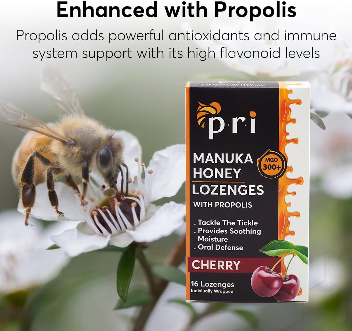 P.R.I Manuka Honey Lozenges with Propolis, Soothing Cough and Throat Drops, MGO 300+ Certified (Cherry, 16 Count/2 Pack)