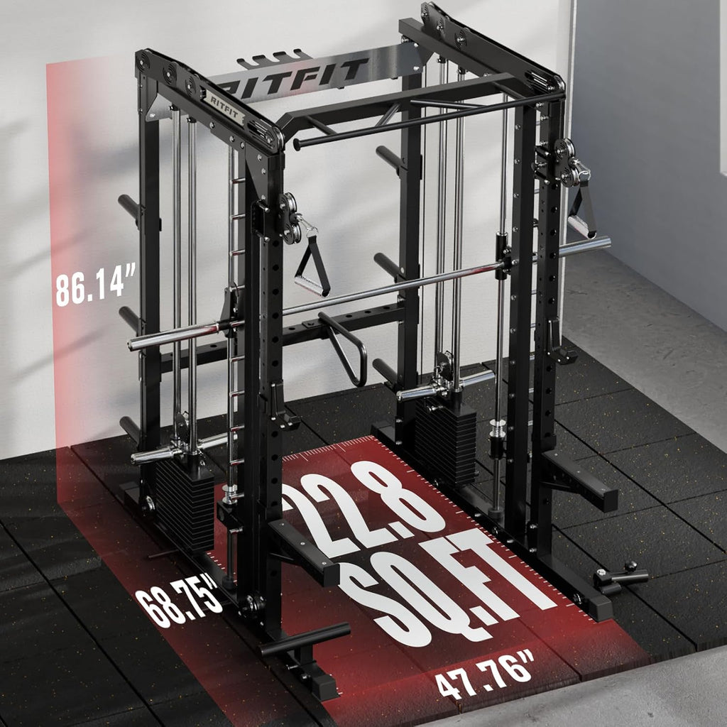 RitFit M2 PRO-3D Smith Machine with Weight Stack, 3D Functional Trainer & Power Cage, 308.6lbs Stack, 16 Adjustment Holes, 6 Storage Pegs for Full-Body Home Gym