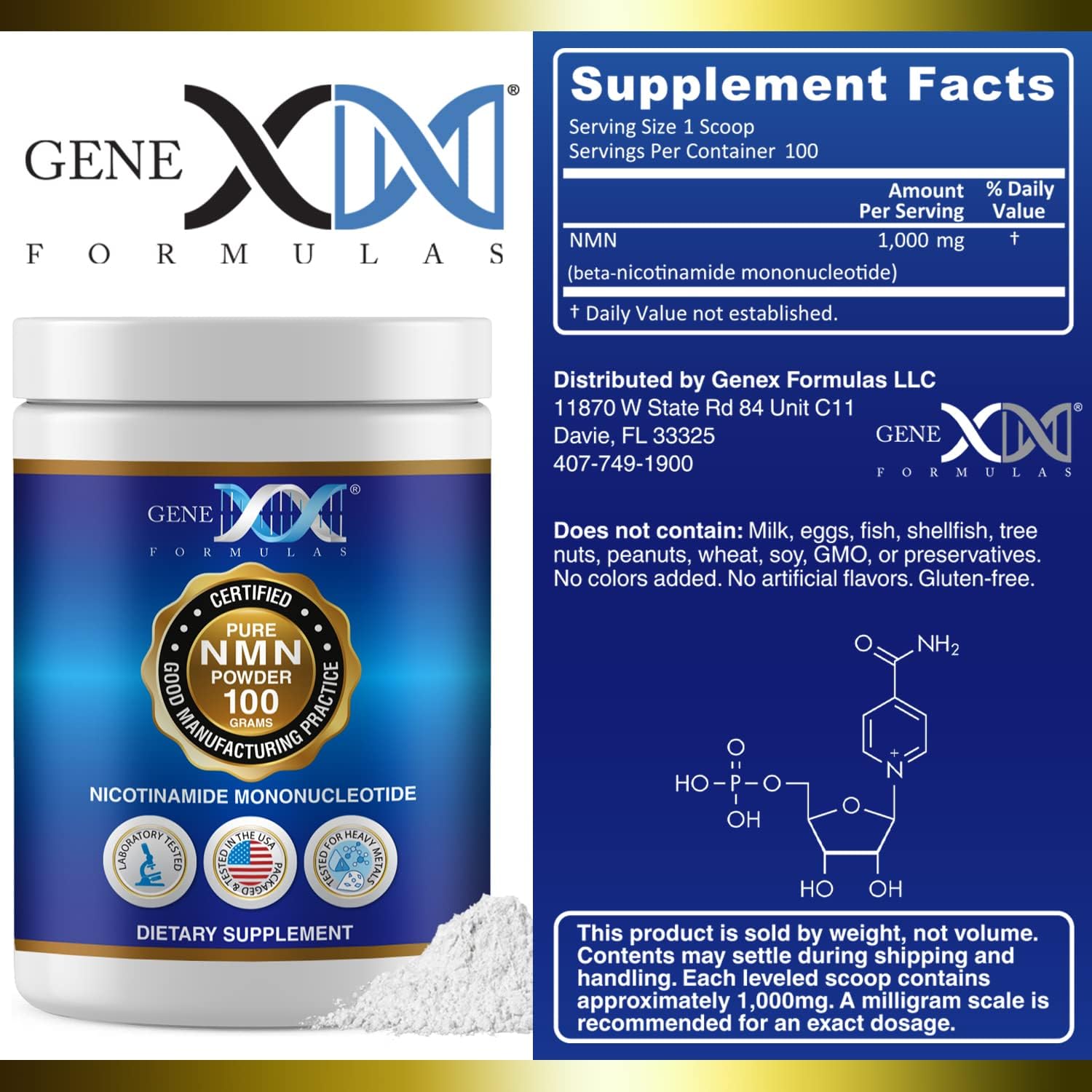 Genex Formulas Pure NMN Powder 100 Grams Bulk Supplement - Stabilized Form 99% Pure Powder for Increased NAD+ Levels, DNA Repair, & Healthy Aging - Non-GMO, GMP-Certified (100 Scoops)