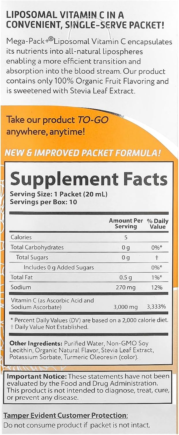 Aurora Nutrascience Mega-Pack Liposomal Vitamin C, Immune Support, 3,000 mg Per Serving, Vegan, Gluten Free, Non-GMO, 10 Single Serve Packets, Orange