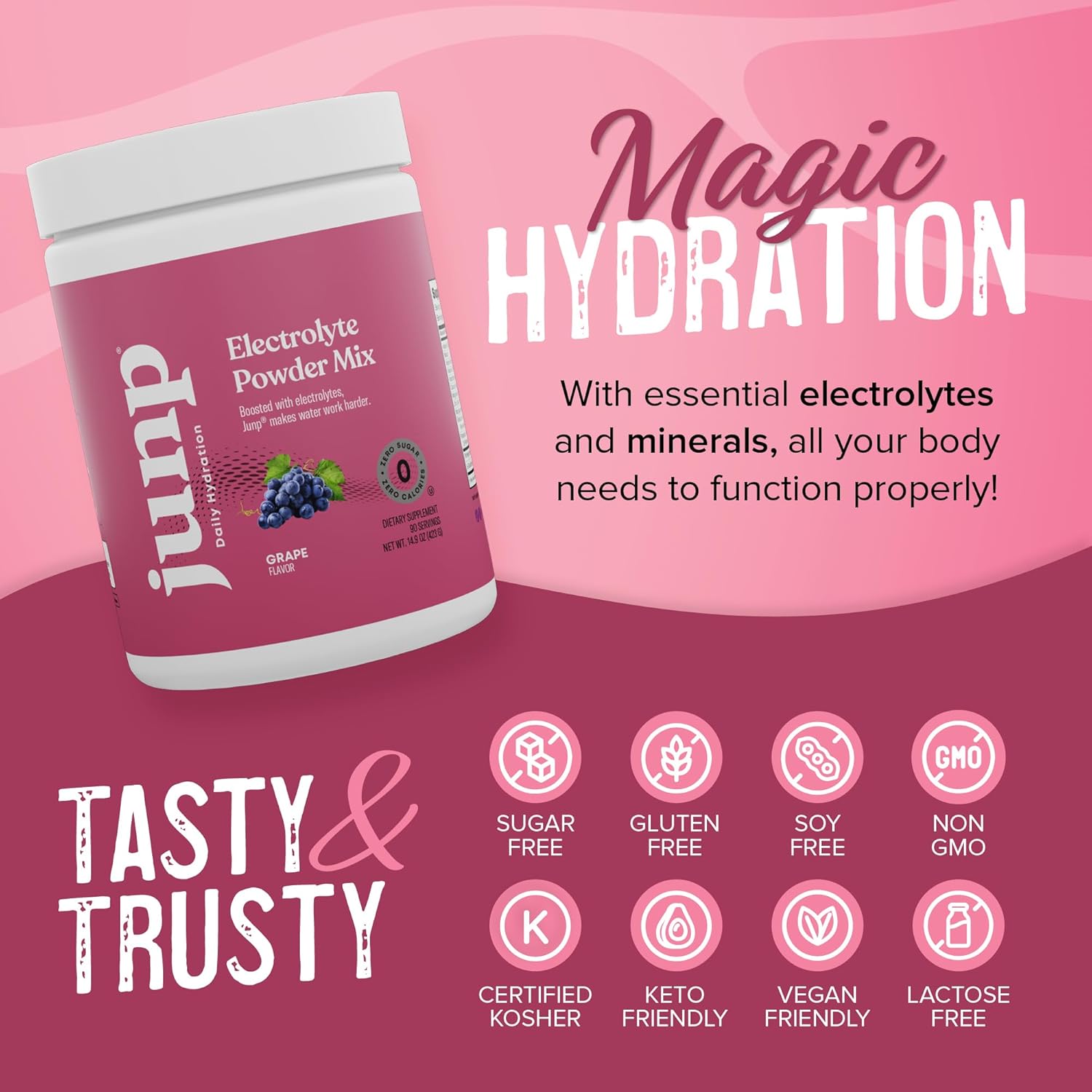 JUNP Electrolytes Powder No Sugar No Carbs – Vine Ripened Grape Infused Drink Mix - Potassium & Salt Electrolyte Hydration Powder Zero Calorie Sugar Free Electrolyte Powder,180 Servings
