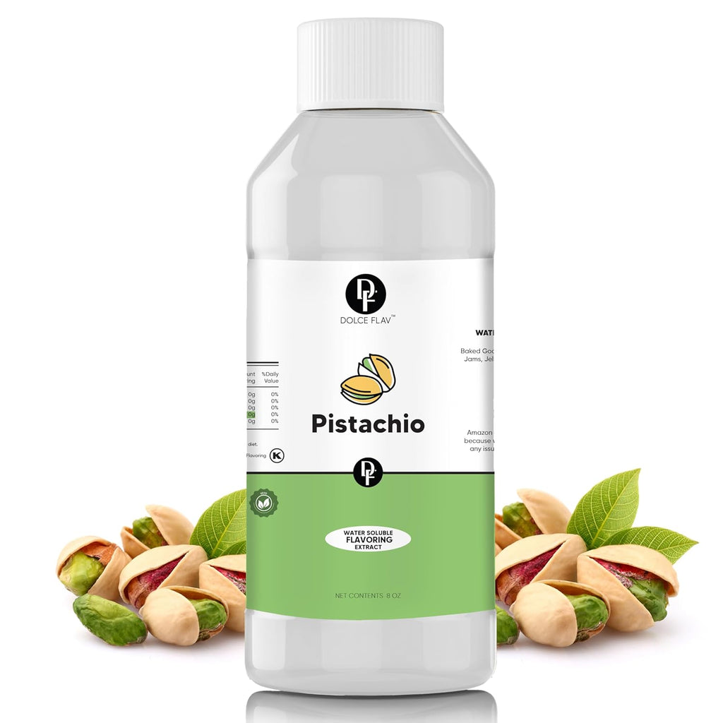 Dolce Flav Pistachio Extract – 8 Ounce Water-Soluble Kosher, Sugar-Free, Concentrated Nutty Pistachio Flavor for Baking, Ice Cream & Pastries, Includes Measured Dropper