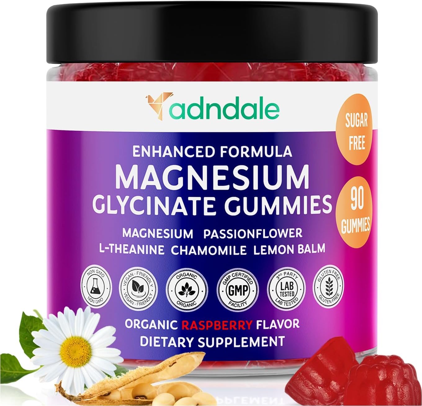 Adndale Pure Magnesium Glycinate Gummies. Magnesium Complex with L-Theanine, Passionflower, Chamomile - 90CT Sugar Free Chews