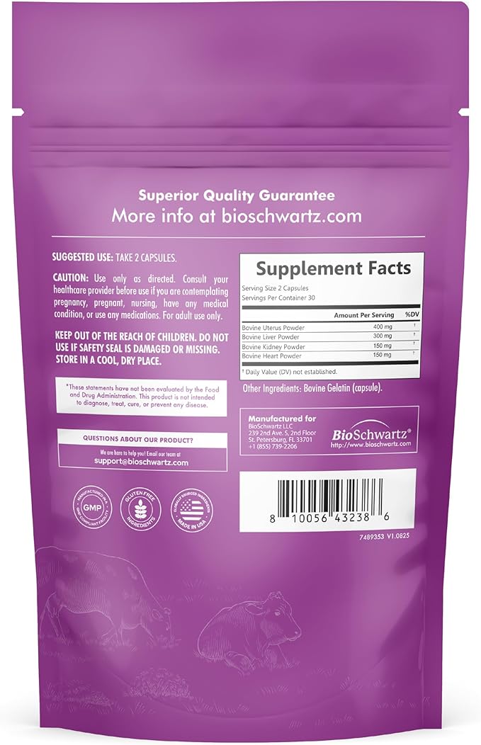 BioSchwartz Primal Beef Organ Supplement for Women - 60 Capsules - Grass-Fed & Pasture-Raised - Supports Healthy Hair Skin and Nails, Hormone Balance - with Bovine Liver, Kidney, Heart, Uterus Powder