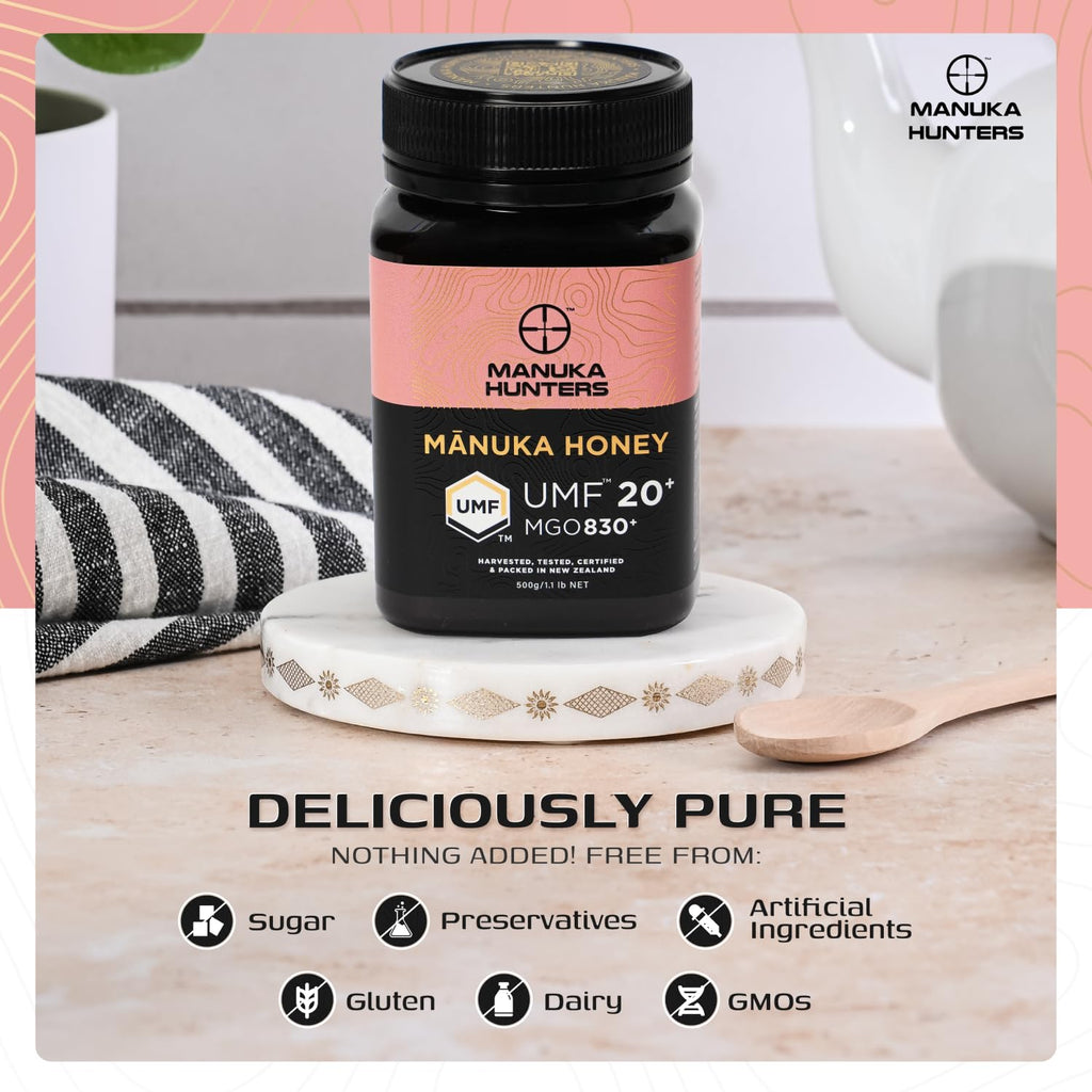 Manuka Hunters UMF 20+/MGO 830+ Certified New Zealand Manuka Honey - 100% Pure Natural Sweetener - Gluten, Dairy Free - Ideal for Tea, Coffee, Smoothies, and Baking - Sustainable - 1.1lb/500g Jar
